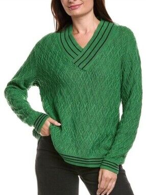 Cabii Green V-Neck Cable Knit Sweater with Black Stripe Trim Size S
